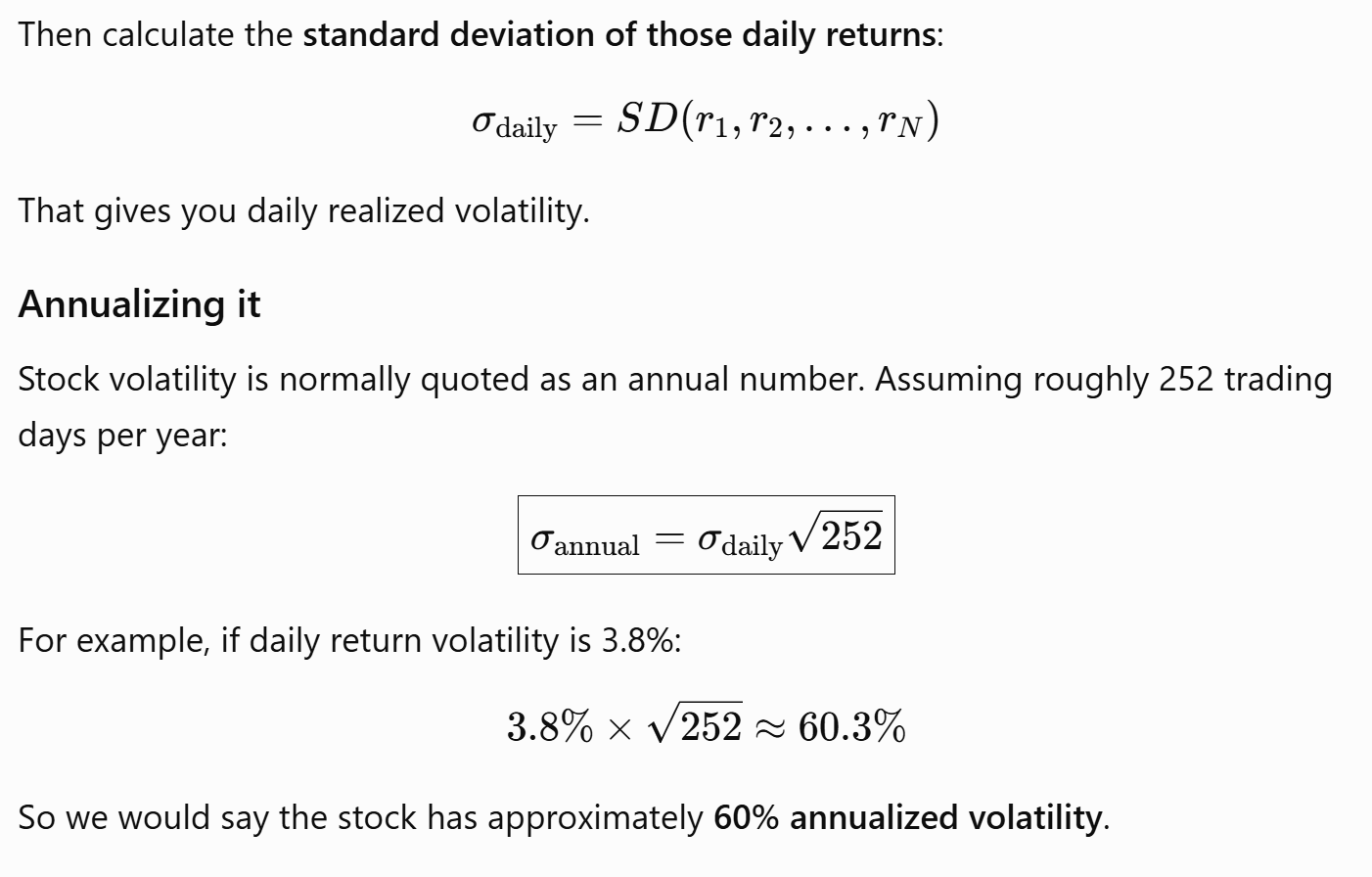 Converting daily prices into annualized volatility