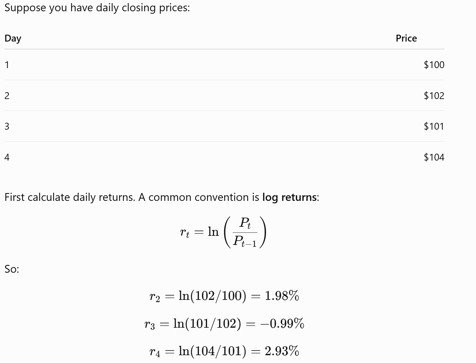 Pricing example and calculating daily returns